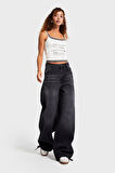 Kadın Füme Renk 2w5-1 Straight Baggy Fit %100 Koton Paça Bağcık Detaylı Bol Kesim Denim Jean