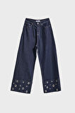 Kadın İndigo Renk 7w5-50 Süper Baggy Fit Özel Viskon Kumaş Kuş Gözü Detaylı Denim Jean