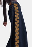 Kadın İndigo Selvedge 36w6-124 Palazzo Elephant Leg Nakış Detaylı Özel Tasarım Denim Jean