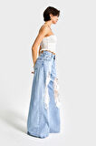 Kadın Mavi Renk 12s5-27 Palazzo Fit Çiçekli Tül Dantel Detaylı %100 Koton Özel Tasarım Denim Jean