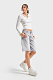 Kadın Gri Renk 4s5-12 Baggy Bermuda Fit %100 Koton Maxi Boy Denim Şort