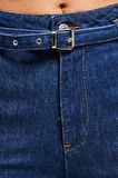 Kadın İndigo Renk 7s5-50/1 Wide Leg Fit Kemer Detaylı Viscon Kumaş %100 Koton Denim Jean