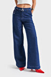 Kadın İndigo Renk 7s5-50/1 Wide Leg Fit Kemer Detaylı Viscon Kumaş %100 Koton Denim Jean
