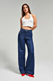 Kadın İndigo Renk 7s5-50/1 Wide Leg Fit Kemer Detaylı Viscon Kumaş %100 Koton Denim Jean