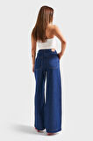 Kadın İndigo Renk 7s5-50/1 Wide Leg Fit Kemer Detaylı Viscon Kumaş %100 Koton Denim Jean