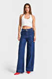 Kadın İndigo Renk 7s5-50/1 Wide Leg Fit Kemer Detaylı Viscon Kumaş %100 Koton Denim Jean
