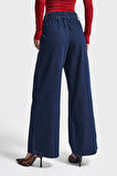 Kadın İndigo Renk 7w5-50 Wide Leg Fit İç Boy 74cm Bol Kesim Viskon Kumaş Kemer Detaylı Denim Jean
