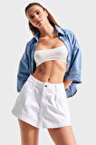 Kadın Beyaz Renk 5s5-2 Mini Boy Pileli %100 Koton Denim Şort