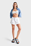 Kadın Beyaz Renk 5s5-2 Mini Boy Pileli %100 Koton Denim Şort