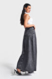 Kadın Antrasit Kot Rengi 3S5-14 Çan Kesim %100 Koton Maxi Boy 100 cm Denim Etek