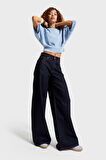 Kadın İndigo Renk 7w5-50 Palazzo Fit %100 Koton İç Boy 80cm Denim Jean