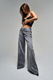 Kadın Gri Renk 4s5-13 Palazzo Fit Bol Kesim %100 Koton Orta Bel Denim Jean