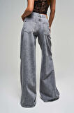 Kadın Gri Renk 4s5-13 Palazzo Fit Bol Kesim %100 Koton Orta Bel Denim Jean