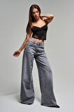 Kadın Gri Renk 4s5-13 Palazzo Fit Bol Kesim %100 Koton Orta Bel Denim Jean