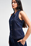 Kadın İndigo Renk 7s5-50 Kemer Boy Önü Düğmeli %100 Koton Sıfır Kol Denim Yelek