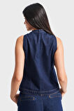 Kadın İndigo Renk 7s5-50 Kemer Boy Önü Düğmeli %100 Koton Sıfır Kol Denim Yelek
