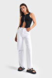 Kadın Beyaz Renk 13s5-2 Straight Fit Yüksek Bel %100 Koton Yırtık Detaylı Denim Jean