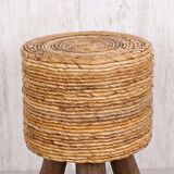 pixiperi- Teak Ağacı Dekoratif Sehpa, Doğal Rattan Sehpa, Yuvarlak Koltuk Sehpa, Puf 32x50cm
