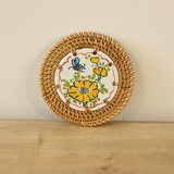Japandi, İskandinav Sarı Çiçek Mavi Kelebek Desenli Rattan Dekoratif Fincan&Bardak Altlığı 14cm
