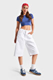 Kadın Beyaz Renk 5s5-2 Maxi Boy Beli Lastikli %100 Koton İç Göstermez Denim Bermuda Şort