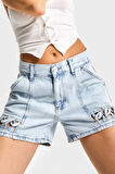Kadın Snow Kot Rengi 3s5-3 Mini Boy Paça Detaylı %100 Koton Tasarım Denim Şort