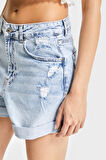 Kadın Snow Kot Rengi 12s5-3 Midi Boy Yırtık Detaylı Duble Paça %100 Koton Denim Şort