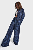 Kadın Koyu Mavi Renk 9w5-5 Palazzo Fit Parlak Taş Desenli Özel Tasarım Denim Jean