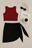 Kadın Bordo Yuvarlak Yaka Crop Ve Siyah Pareo 2'li Set - Bordo - L-XL