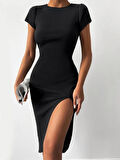 Kadın Kısa Kollu Bisiklet Yaka Derin Yırtmaçlı Kaşkorse Elbise