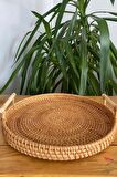 %100 El İşciliği Modern Iskandinav Bohem Rattan Kulplu Hasır Tepsi 30cm