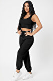 Kadın Siyah Kaşkorse Cepli Jogger Eşofman Altı Ve Crop Top Bluz - Siyah - L-XL
