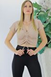 Ön Büzgülü Crop Bluz Camel - 1293.33