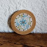 Japandi, İskandinav Turkuaz Mavi Çiçek Hasır Rattan Dekoratif Fincan&Bardak Altlığı Nihale 14cm