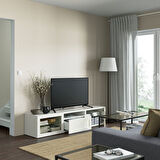 Tv sehpası, beyaz-şeffaf cam, 180x42x39 cm, HANVIKEN/SINDVIK, fren raylı