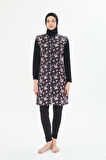 5 Parça Tam Kapalı Tesettür Mayo – Desenli Fermuarlı Jileli Üst Takım SİYAH-L