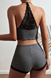 Kadın Gri Kaşkorse Sırt Ve Bacak Kısmı Dantel Detaylı Şortlu Gecelik Takım