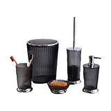 5 PARÇALI LÜKS BANYO SETİ ŞEFFAF SİYAH - KROM - 6 LT ÇÖP KOVALI 