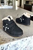 Panda Detaylı Kürklü Unisex Çocuk Bebe Bot SİYAH