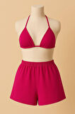 Kadın Fuşya Şortlu Belden Ve Boyundan Bağlamalı Bikini Takımı - Fuşya - L-XL