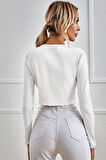 Kadın Beyaz Uzun Kollu Önden Bağlama Detaylı Crop Top Bluz - Beyaz - L-XL