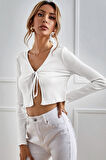 Kadın Beyaz Uzun Kollu Önden Bağlama Detaylı Crop Top Bluz - Beyaz - L-XL