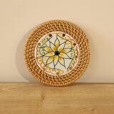 Japandi, İskandinav Sarı Çiçek Desenli Rattan Hasır Dekoratif Fincan&Bardak Altlığı 12cm