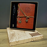 Kahverengi Pusula Tasarım Deri Defter Ve Siyah Kalem Seti