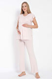 Kısa Kol Bisiklet Yaka Kadın Viskon Dantel Detaylı Hamile Pijama Takımı Sabahlık - Pembe - L