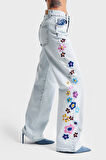 Kadın Snow Kot Rengi Çiçek Nakışlı Loose Fit Tasarım Denim