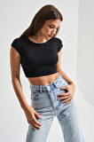Kadın Siyah Renk Esnek Kumaş Bisiklet Yaka Crop Body