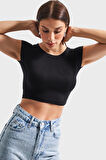 Kadın Siyah Renk Esnek Kumaş Bisiklet Yaka Crop Body