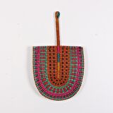 Japandi Bambu ve Deniz Sazı Hasır Doğal Turkuaz Kırmızı Turuncu Yelpaze Duvar Dekoru 70x43x40cm