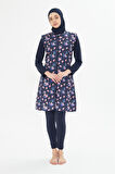5 Parça Tam Kapalı Tesettür Mayo – Desenli Fermuarlı Jileli Üst Takım LACİVERT-XL