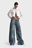 Kadın Silver Leopar Renk Palazzo Fit Denim Pantolon